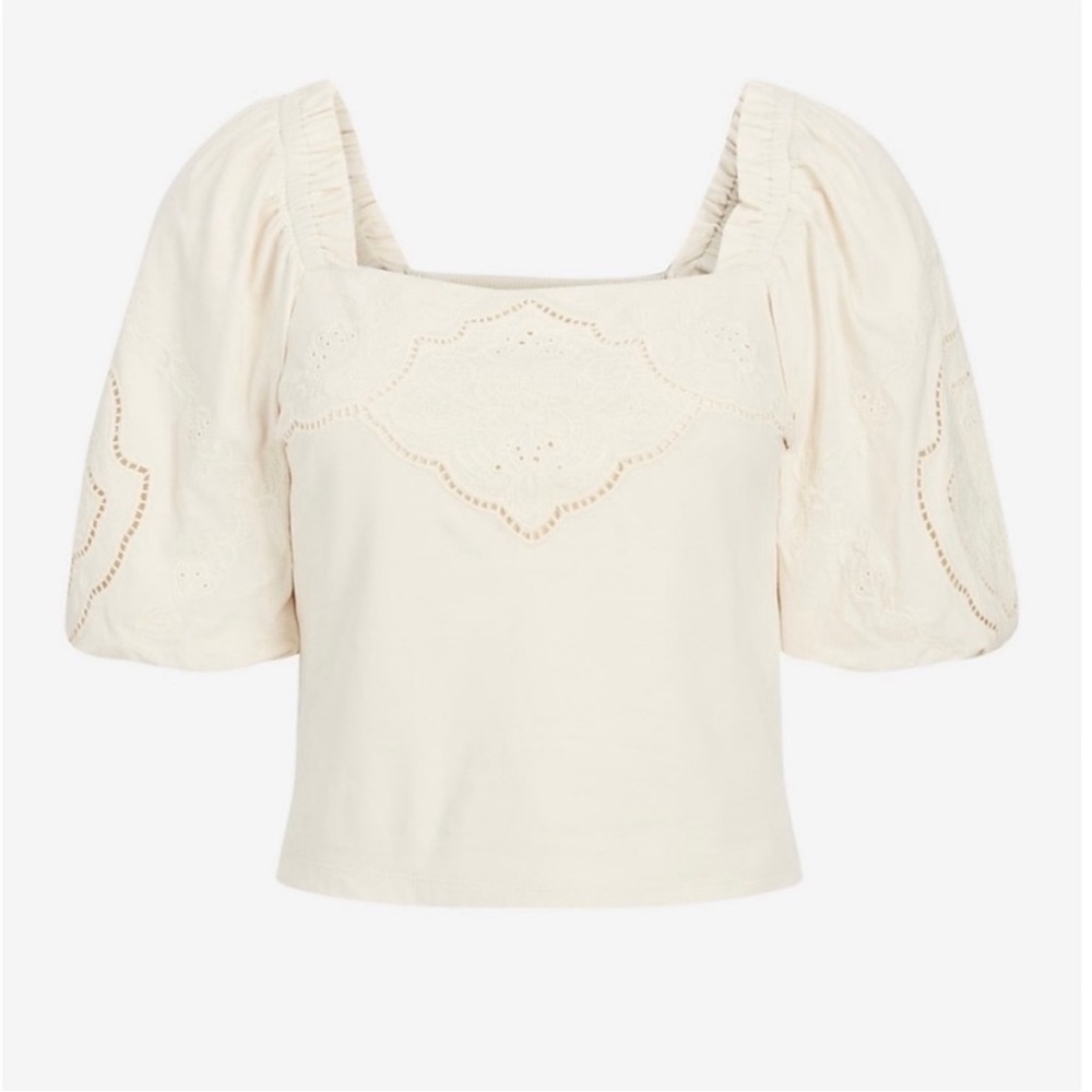 Express Top. Embroidered Square Neck Puff Sleeve Top